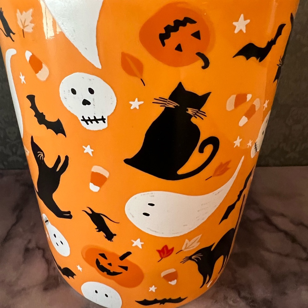 Halloween Tangerine Orange Mug Ghost Skull Black Cats Bats Candy Corn Rats Bats - Picture 3 of 8